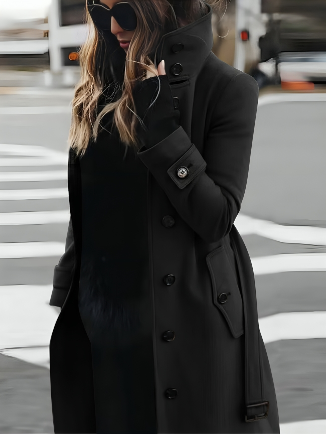 Women's slim-fit wool winter coat with long sleeves, showcasing sleek design; ideal for casual and formal settings.