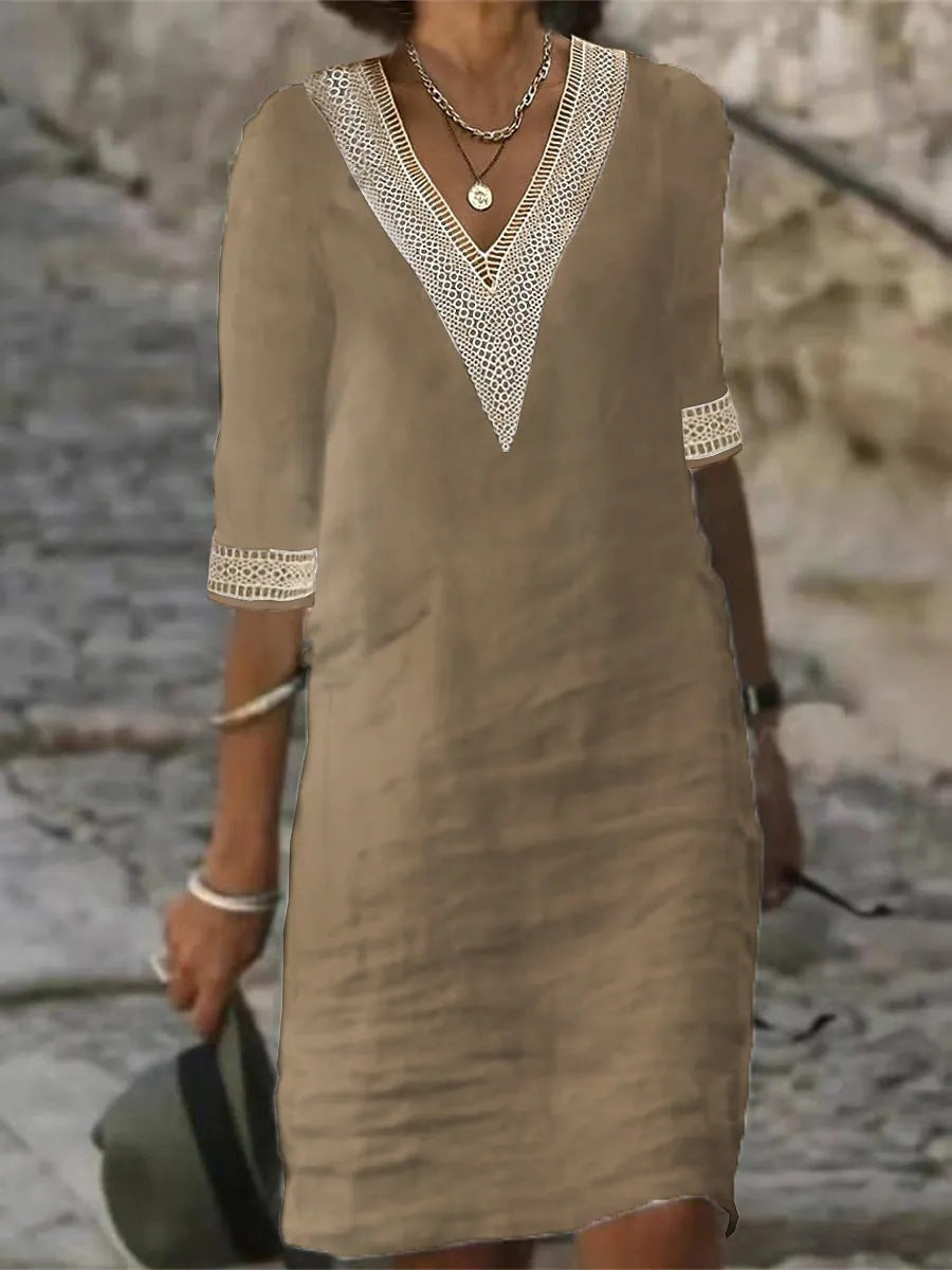 "Women's V-Neck Lace Trim Midi Dress with 3/4 sleeves, relaxed fit, elegant lace detail, perfect for summer outings."