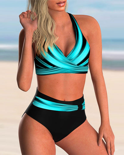 Tropical Print Halter Neck Bikini Set