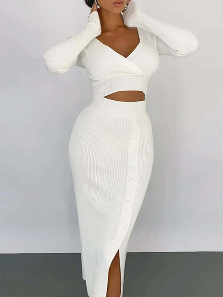 Ladies' V Neck Blouse and Mid Length Skirt