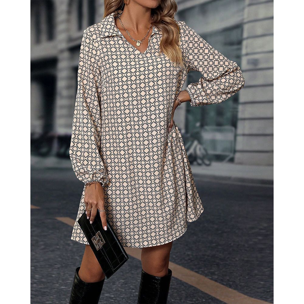 Relaxed Fit V Neck Long Sleeve Dress - Luxivelle