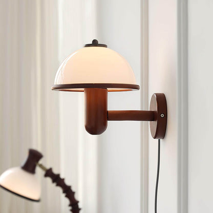 Rustic Wooden Fungi Wall Lamp with Cream Shade