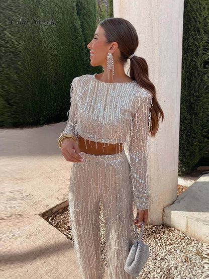 Glittery Sequined Crop Top and Pant Set