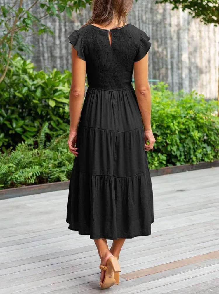 Ladies Floral Midi Dress with Ruffled Sleeves