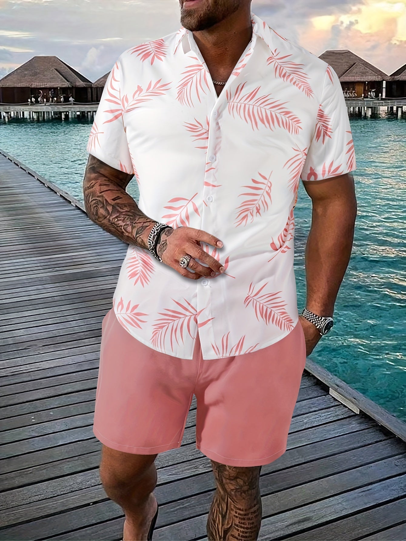 Casual Mens Short Sleeve Leaf Print Shirt