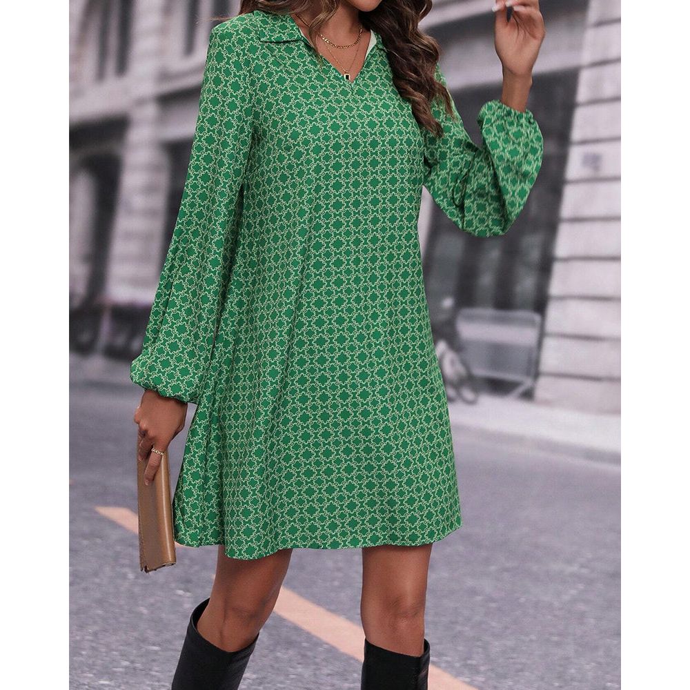 Relaxed Fit V Neck Long Sleeve Dress