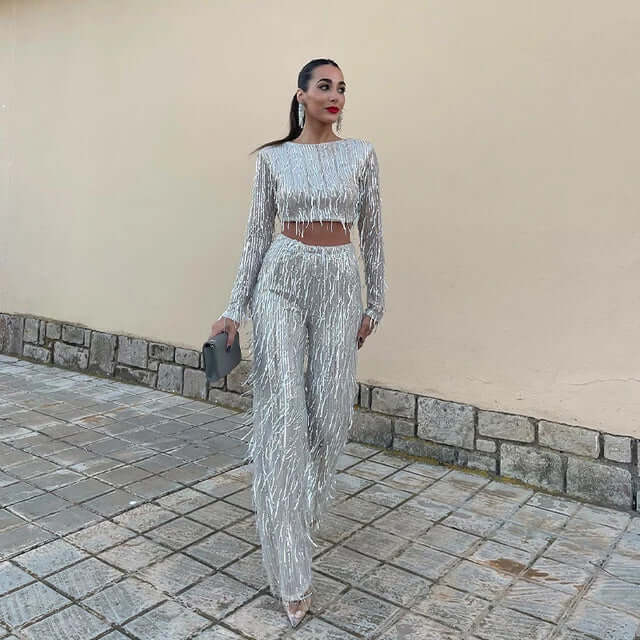 Glittery Sequined Crop Top and Pant Set