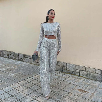 Glittery Sequined Crop Top and Pant Set