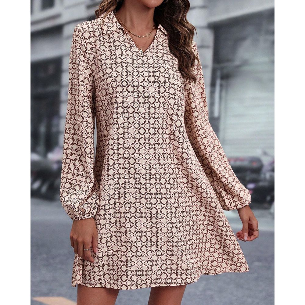 Relaxed Fit V Neck Long Sleeve Dress
