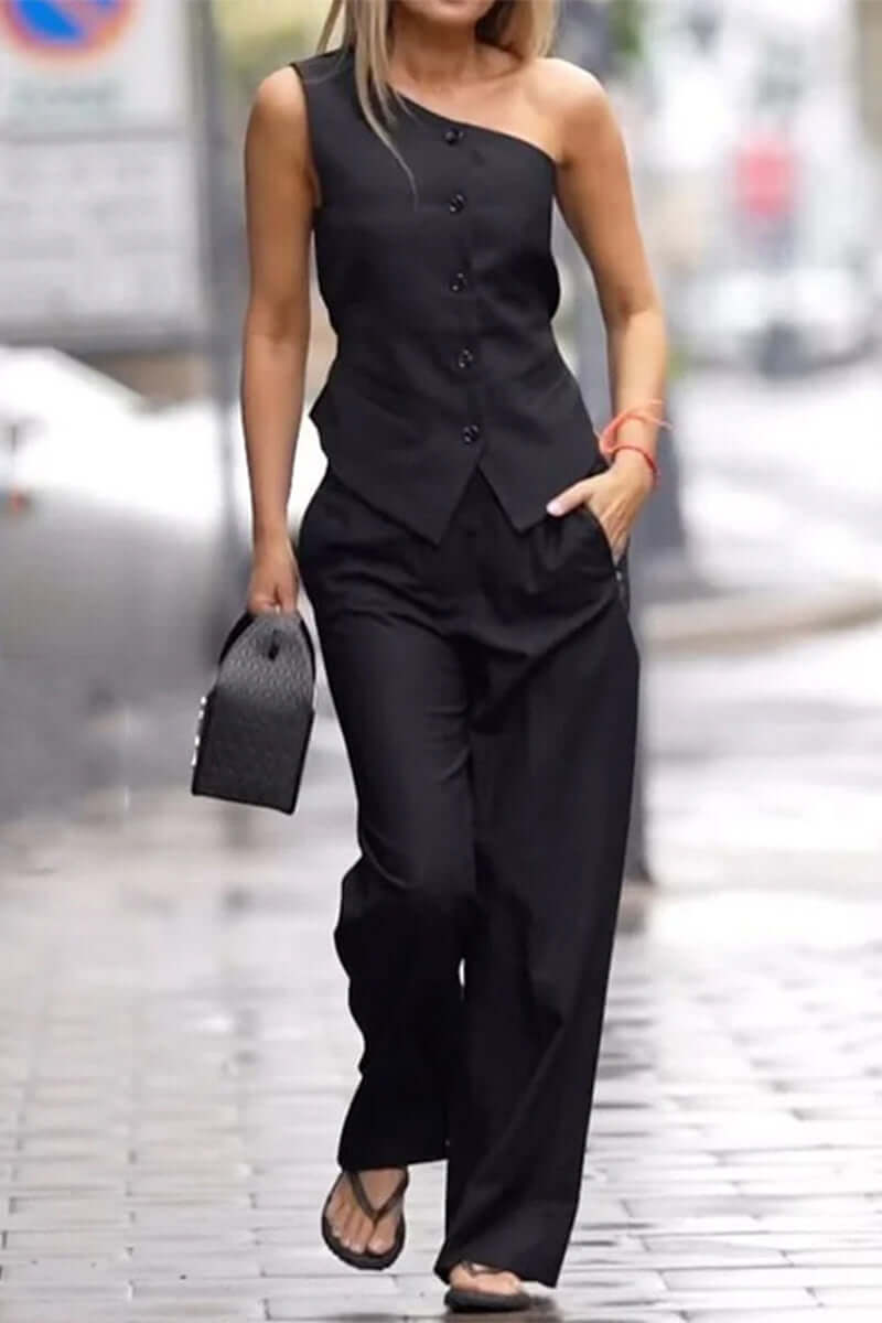Women's Tank Off Shoulder Blouse and High Waist Trousers - Luxivelle