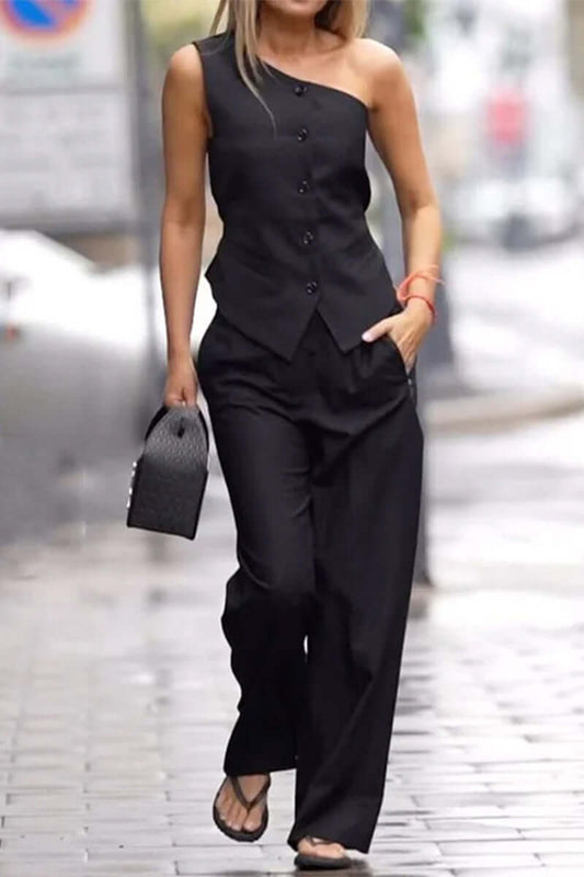 Women's Tank Off Shoulder Blouse and High Waist Trousers - Luxivelle
