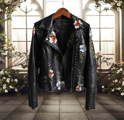 Ladies' Blossom Faux Leather Biker Jacket - Luxivelle