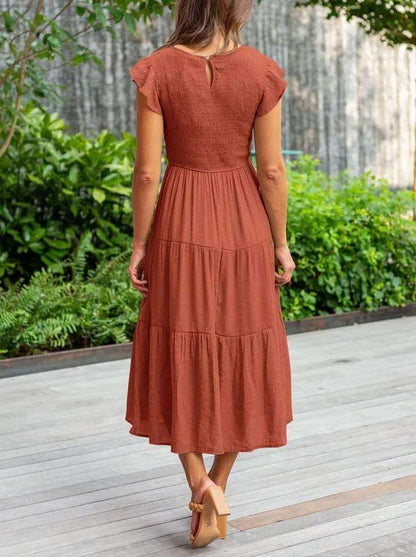 Ladies Floral Midi Dress with Ruffled Sleeves