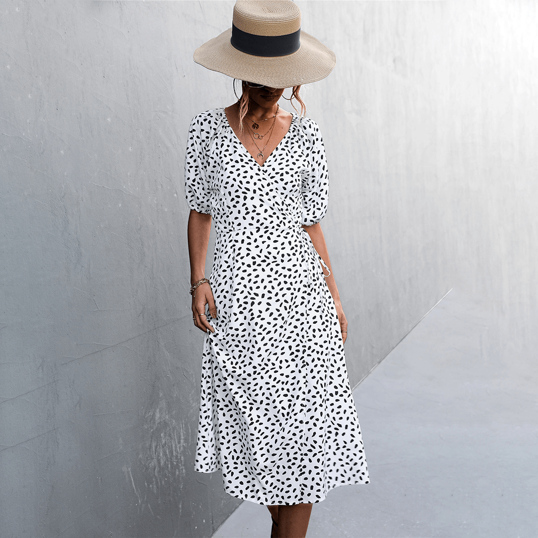 Spotted V Neck Wrap Around Dress