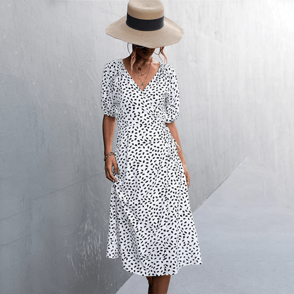 Spotted V Neck Wrap Around Dress