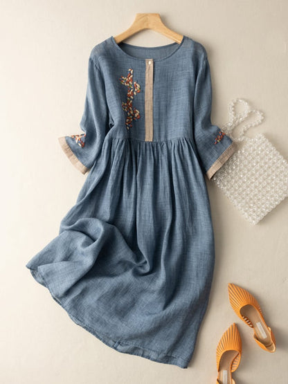 Casual Womens Linen Summer Embroidered Midi Dress