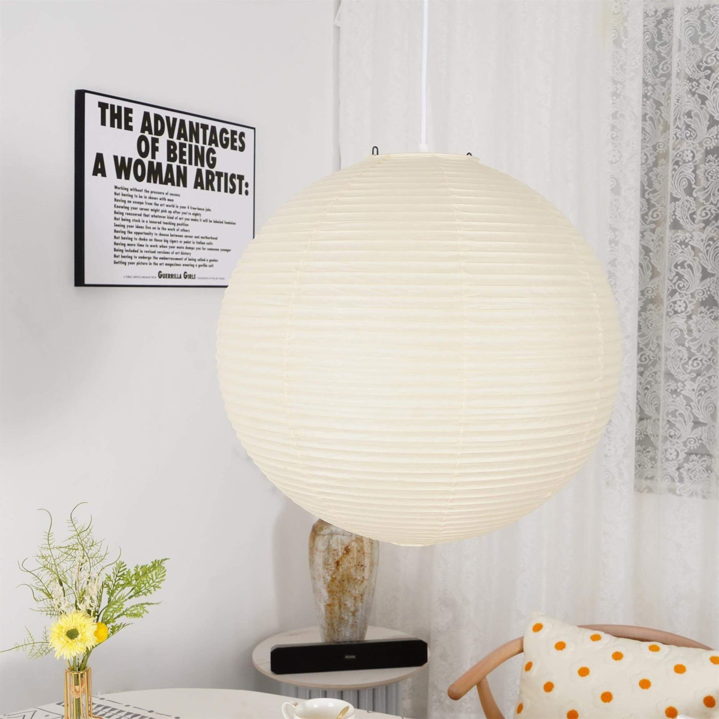 Simple White Cotton Shade Pendant Light with Metal Frame