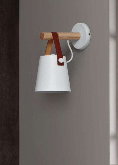 Rustic Wood Wall Lamp with Brown Leather Strap