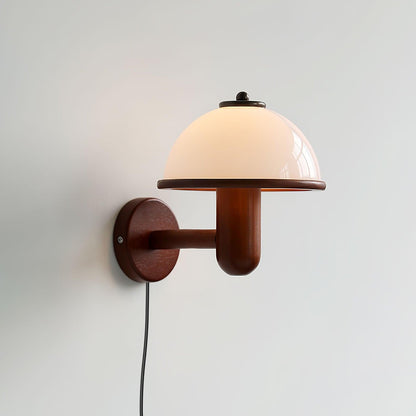 Rustic Wooden Fungi Wall Lamp with Cream Shade