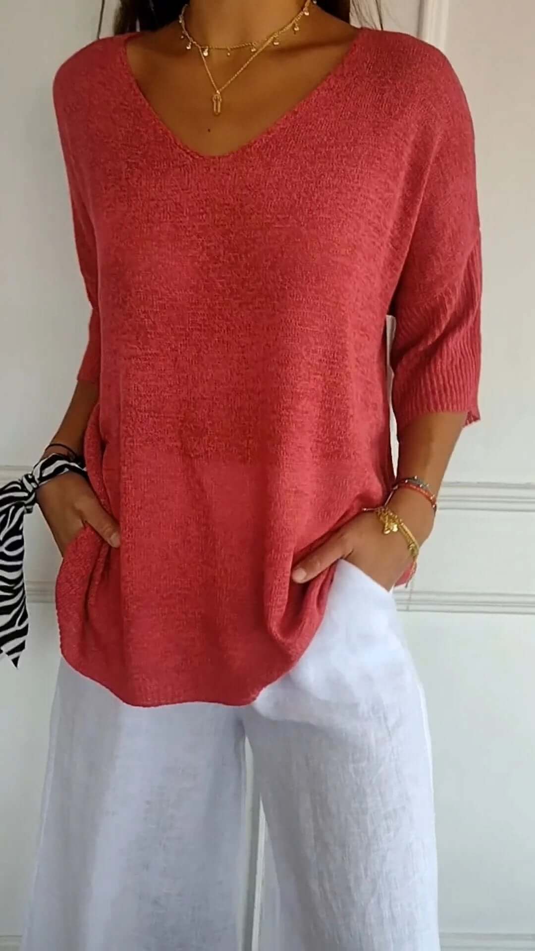 Relaxed Fit Women's V Neck Sweater Top