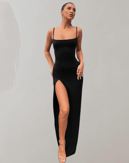 Low Back Fit and Flare Maxi Dress with Split - Luxivelle