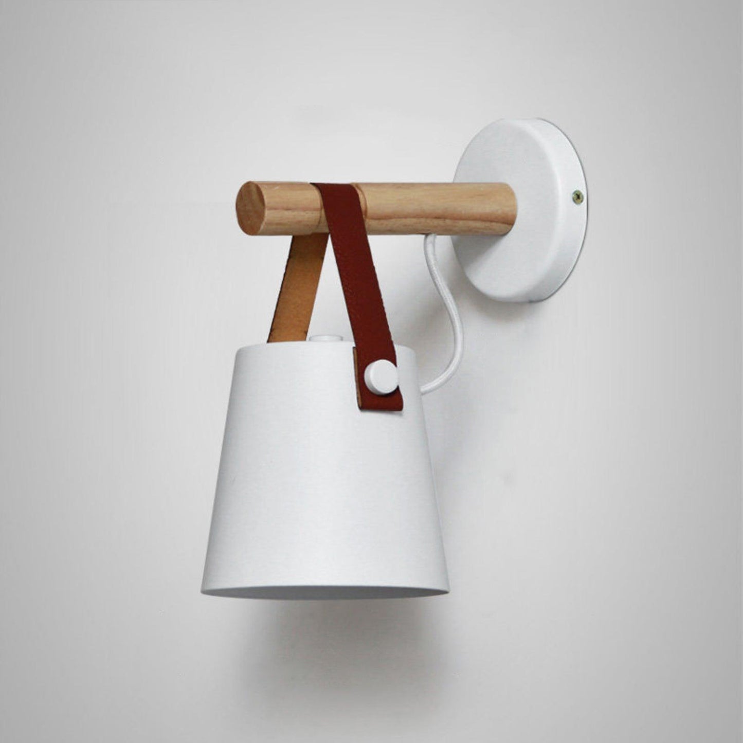 Rustic Wood Wall Lamp with Brown Leather Strap