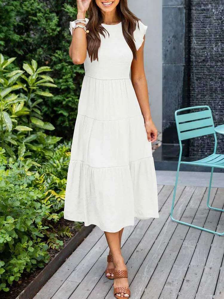 Ladies Floral Midi Dress with Ruffled Sleeves
