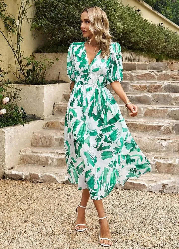 Ladies' Fluffy Sleeve Mid Length Dress with Fitted Waist - Luxivelle