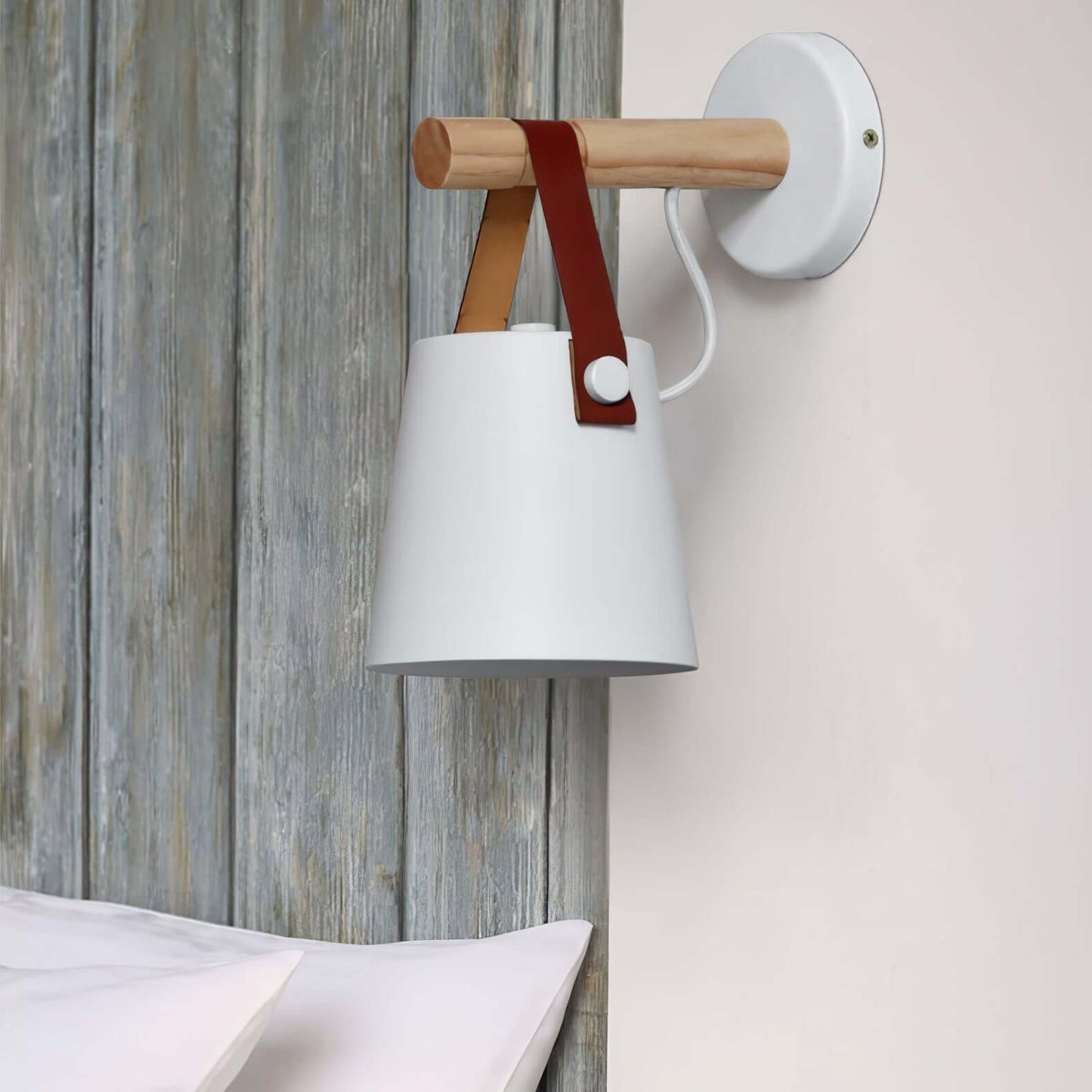 Rustic Wood Wall Lamp with Brown Leather Strap