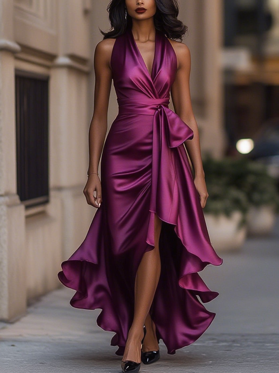 Elegant Satin Halter Neck Evening Dress