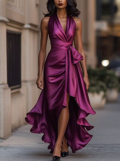 Elegant Satin Halter Neck Evening Dress
