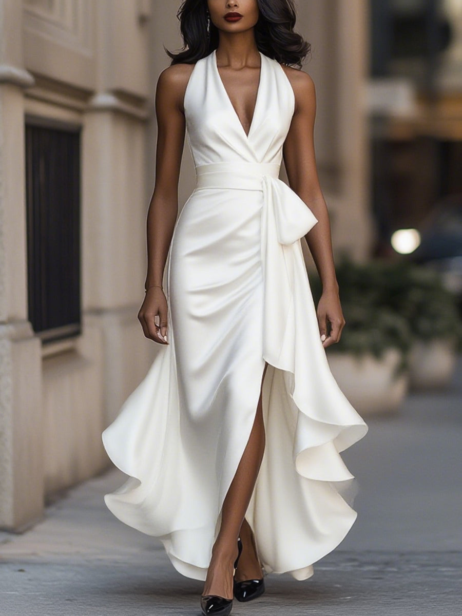 Elegant Satin Halter Neck Evening Dress