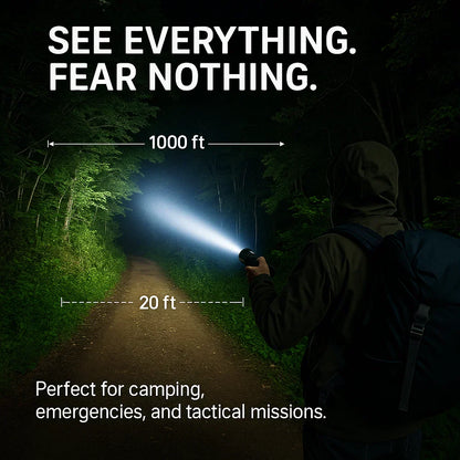 "100000 lumen tactical flashlight with LED, sturdy black aluminum body, LCD power display, ideal for outdoor use."