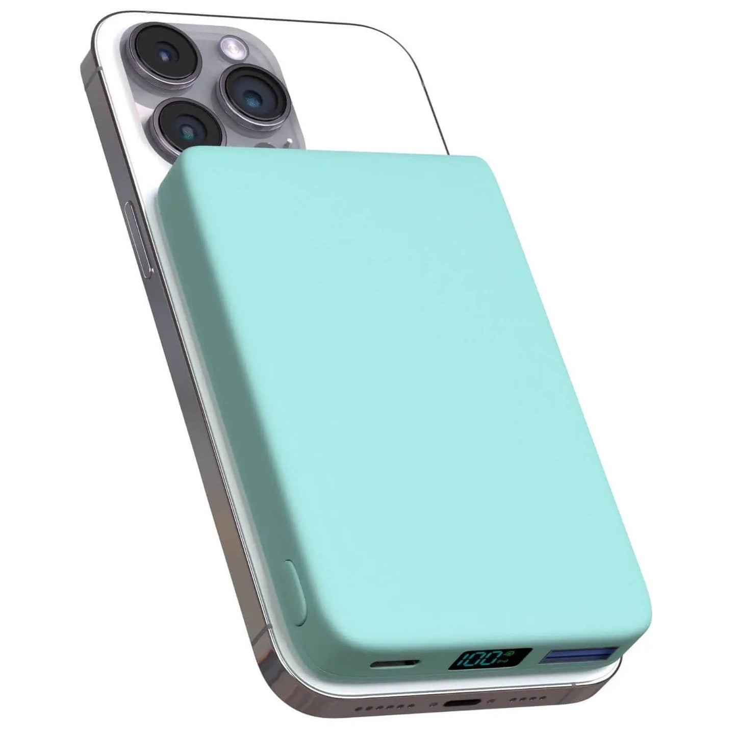 "10,000mAh MagSafe power bank for iPhone, sleek design, wireless charging, vibrant colors, portable, lightweight."