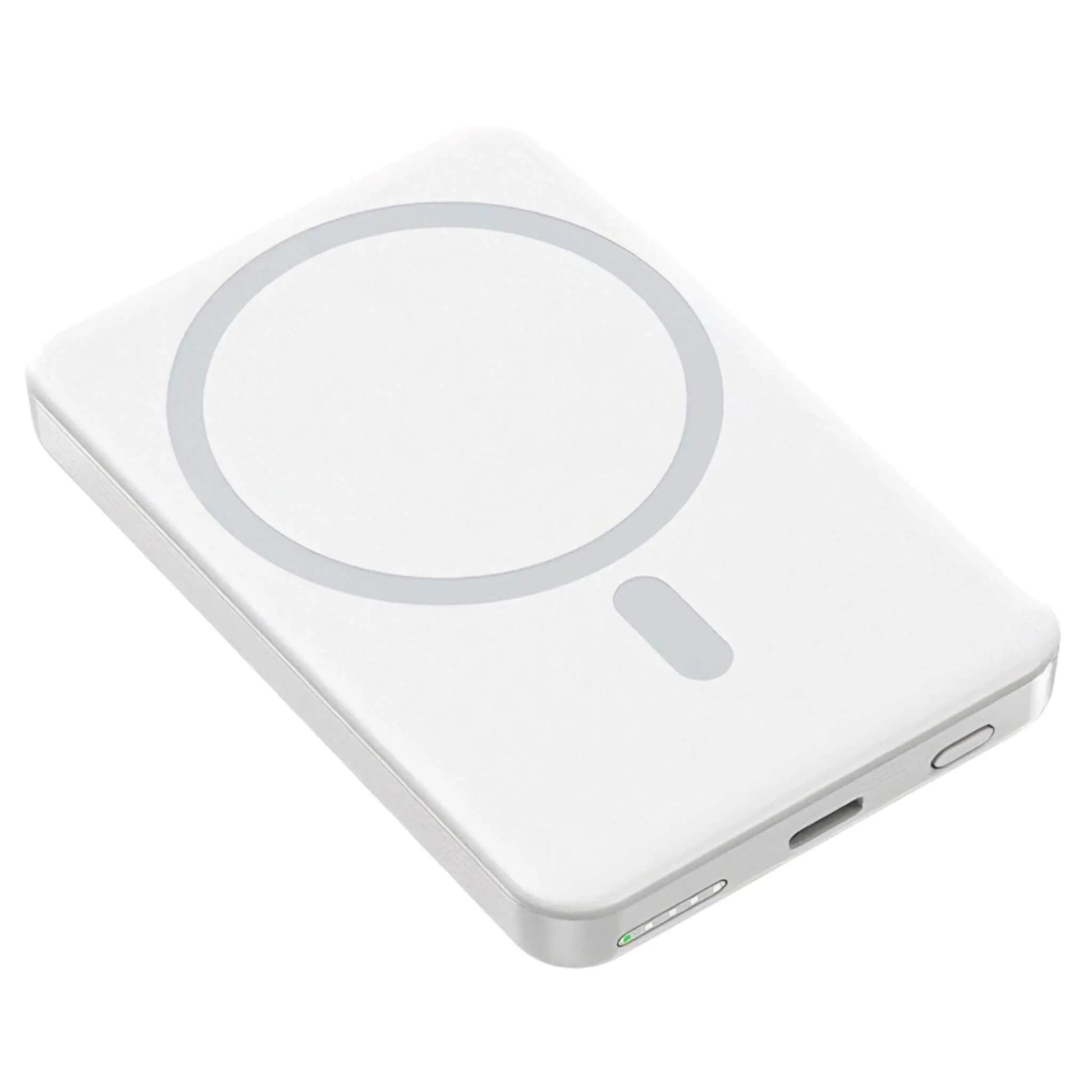 "10,000mAh MagSafe power bank for iPhone, sleek design, wireless charging, vibrant colors, portable, lightweight."