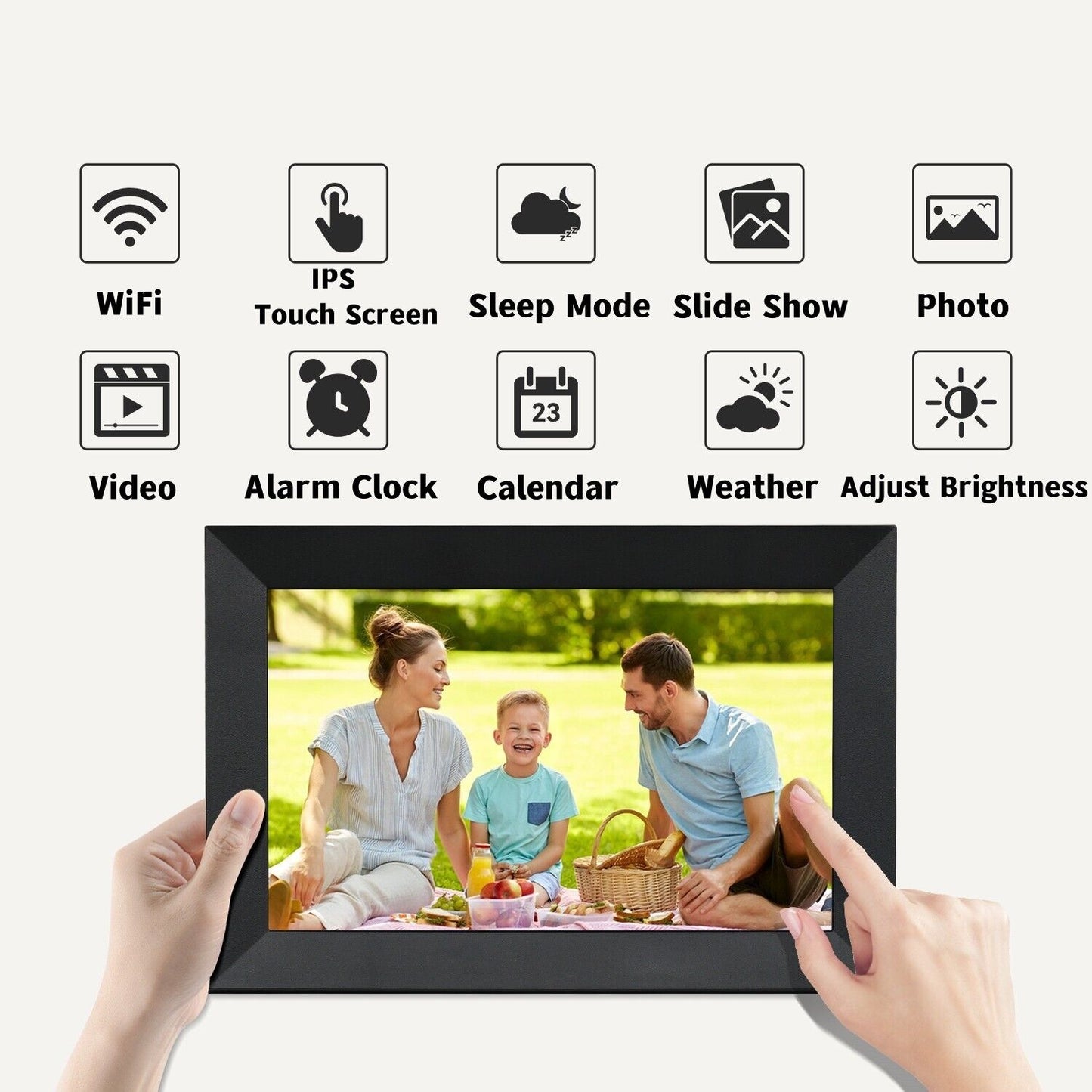 10.1-Inch WiFi digital photo frame with HD touchscreen, displaying vivid family photos, ideal for home decor and connectivity