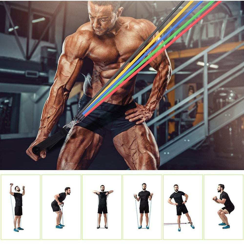 "11-piece unisex resistance bands set in vibrant colors, includes handles and straps, perfect for all fitness levels."