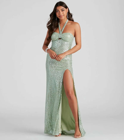 Glittering Deep V Backless Formal Dress with High Split