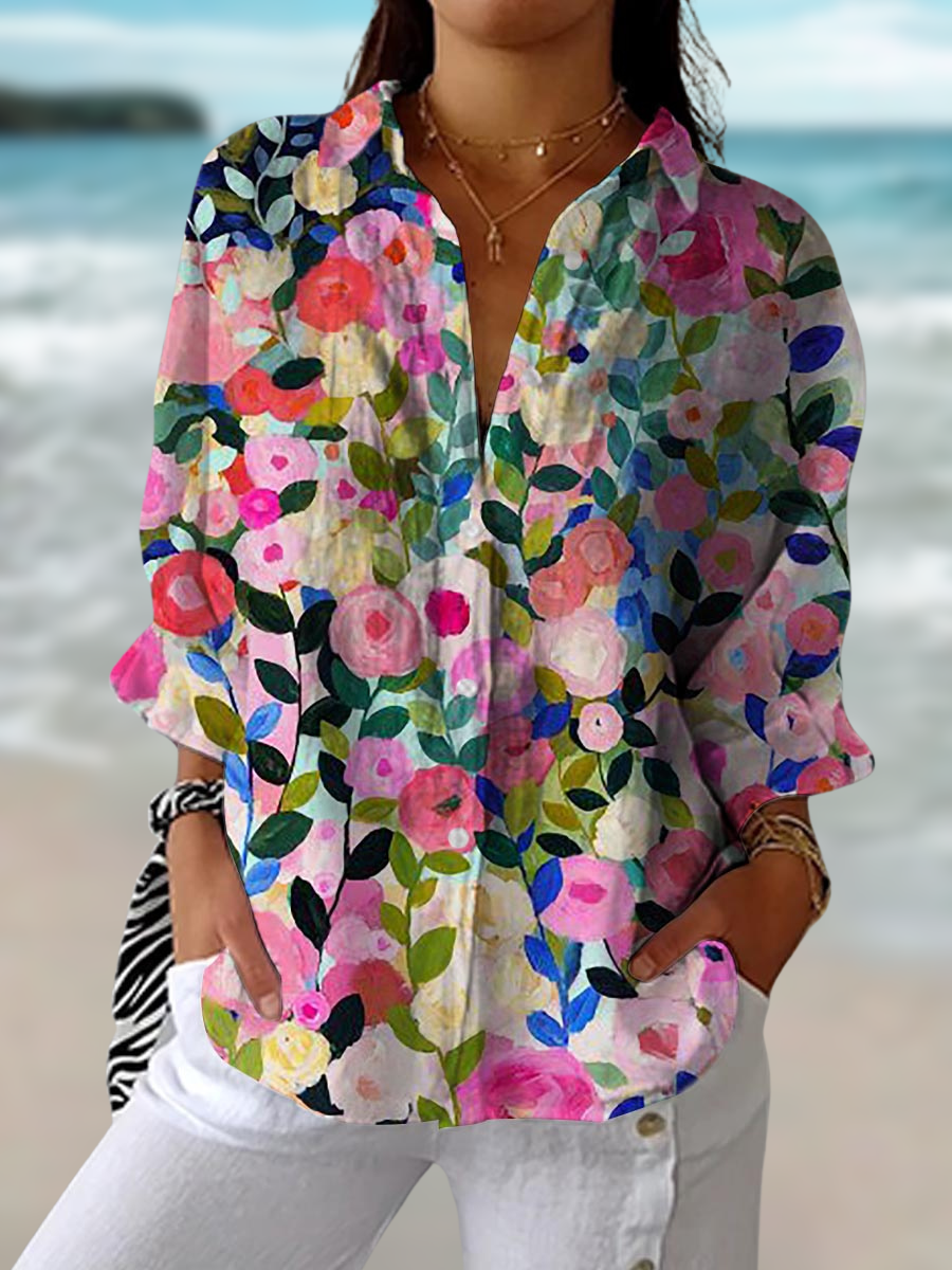 Floral Print Cotton Peasant Blouse - Luxivelle