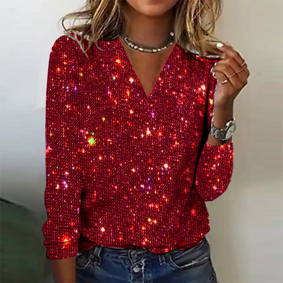 Sparkly Deep V Neck Women's Blouse