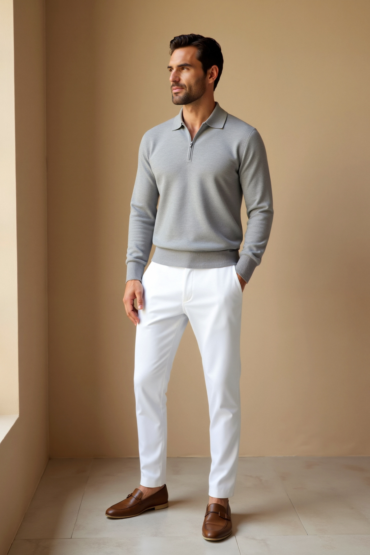 Stylish Men's Zip Up Long Sleeve Polo Shirt