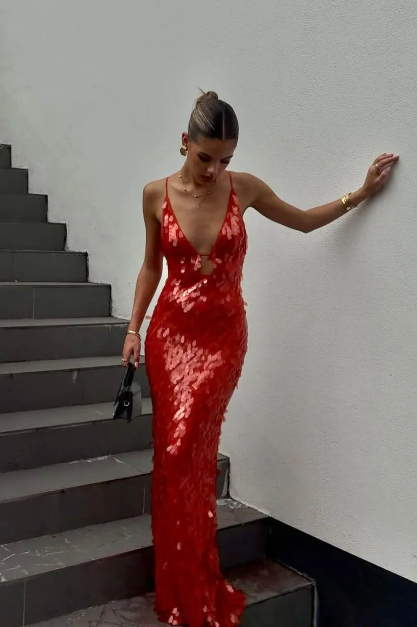 Sparkly Sequin Open Back Evening Dress - Luxivelle