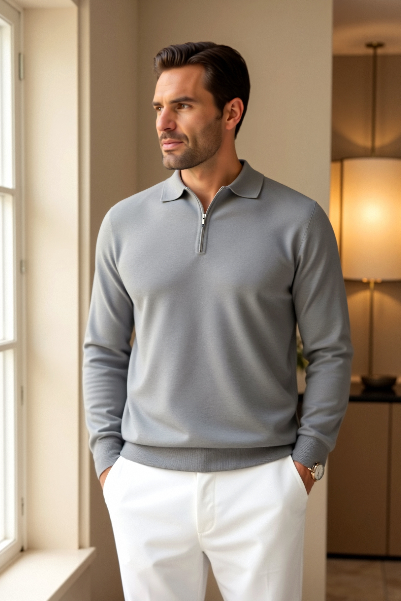 Stylish Men's Zip Up Long Sleeve Polo Shirt