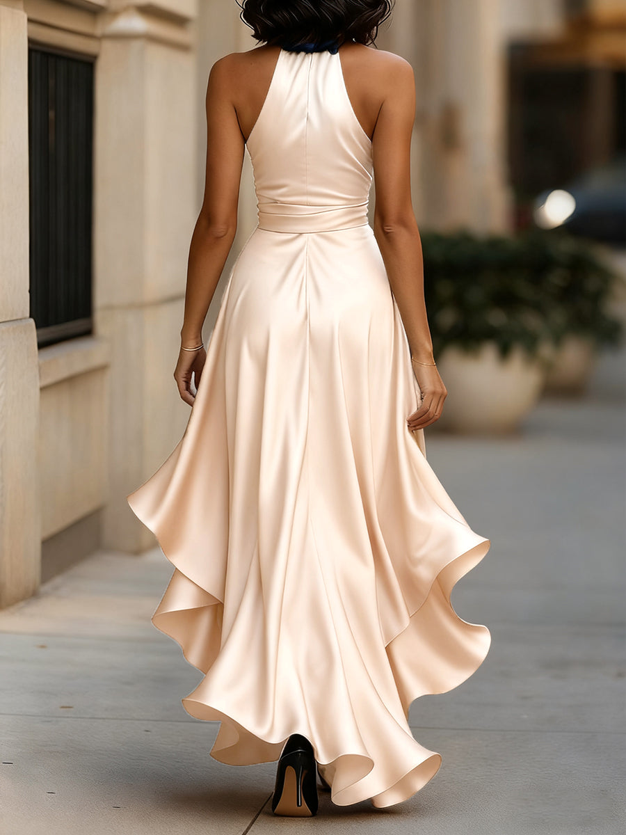 Elegant Satin Halter Neck Evening Dress