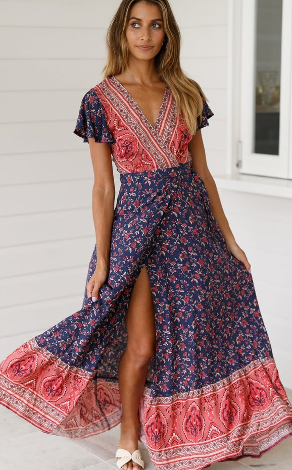Navy Floral Maxi Wrap Dress