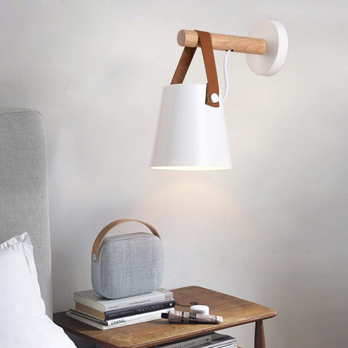 Rustic Wood Wall Lamp with Brown Leather Strap