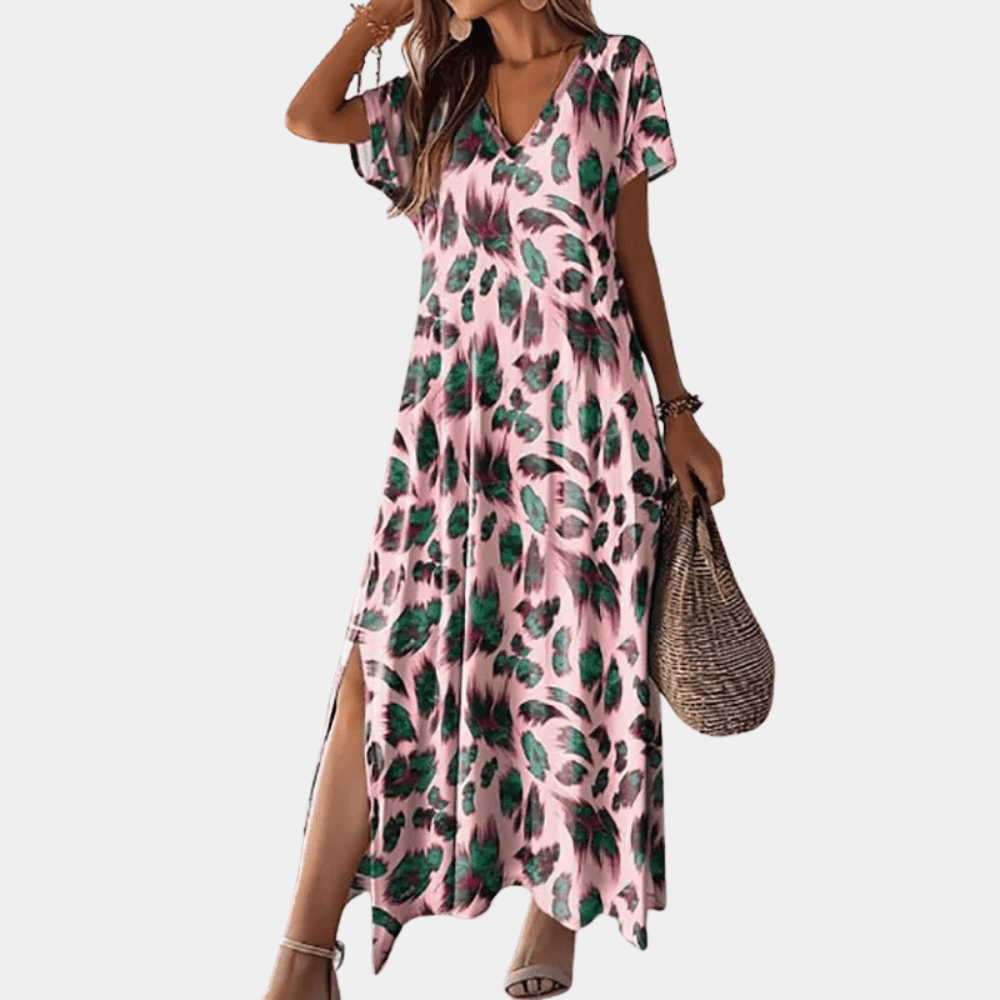 Floral Long Dress - Relaxed Fit V Neck - Luxivelle