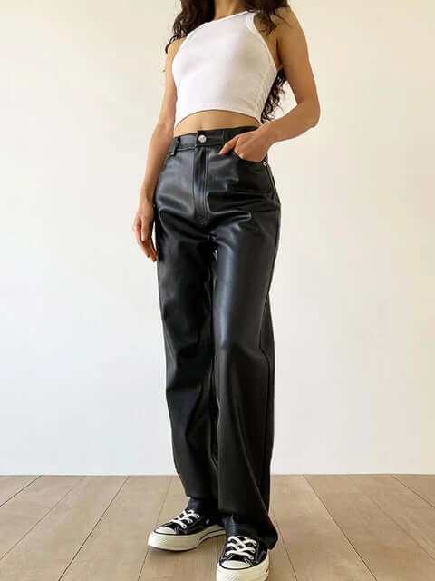 Classic High Waist Straight Leg Leather Jeans Pants - Luxivelle