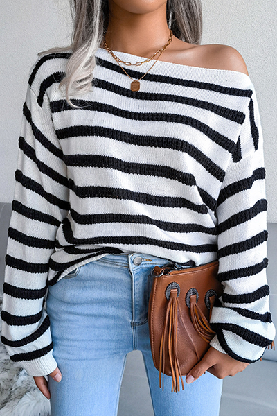 Ladies' Casual Striped Crew Neck Sweater Top