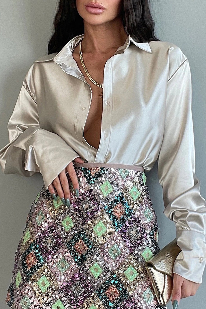 Glossy Front Button Women's Long Sleeve Top
